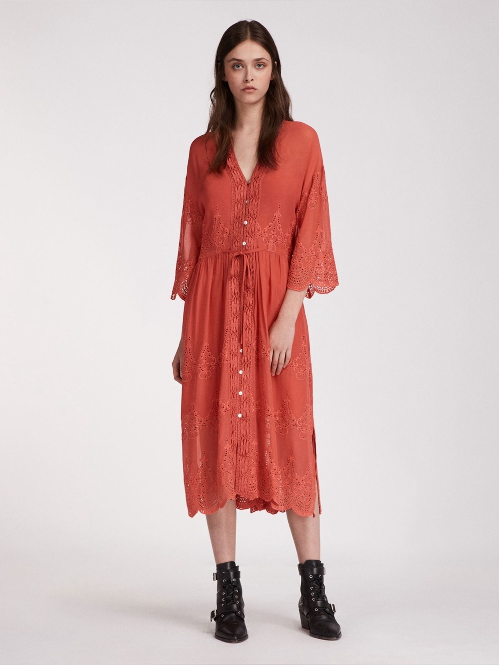 NWT Allsaints Aileen Zinnia Embroidered Button-Front Midi Dress in Coral